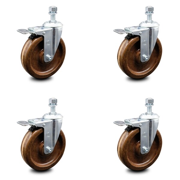 5 Inch High Temp Phenolic Swivel 10mm Stem Caster Set with Total Lock Brake
